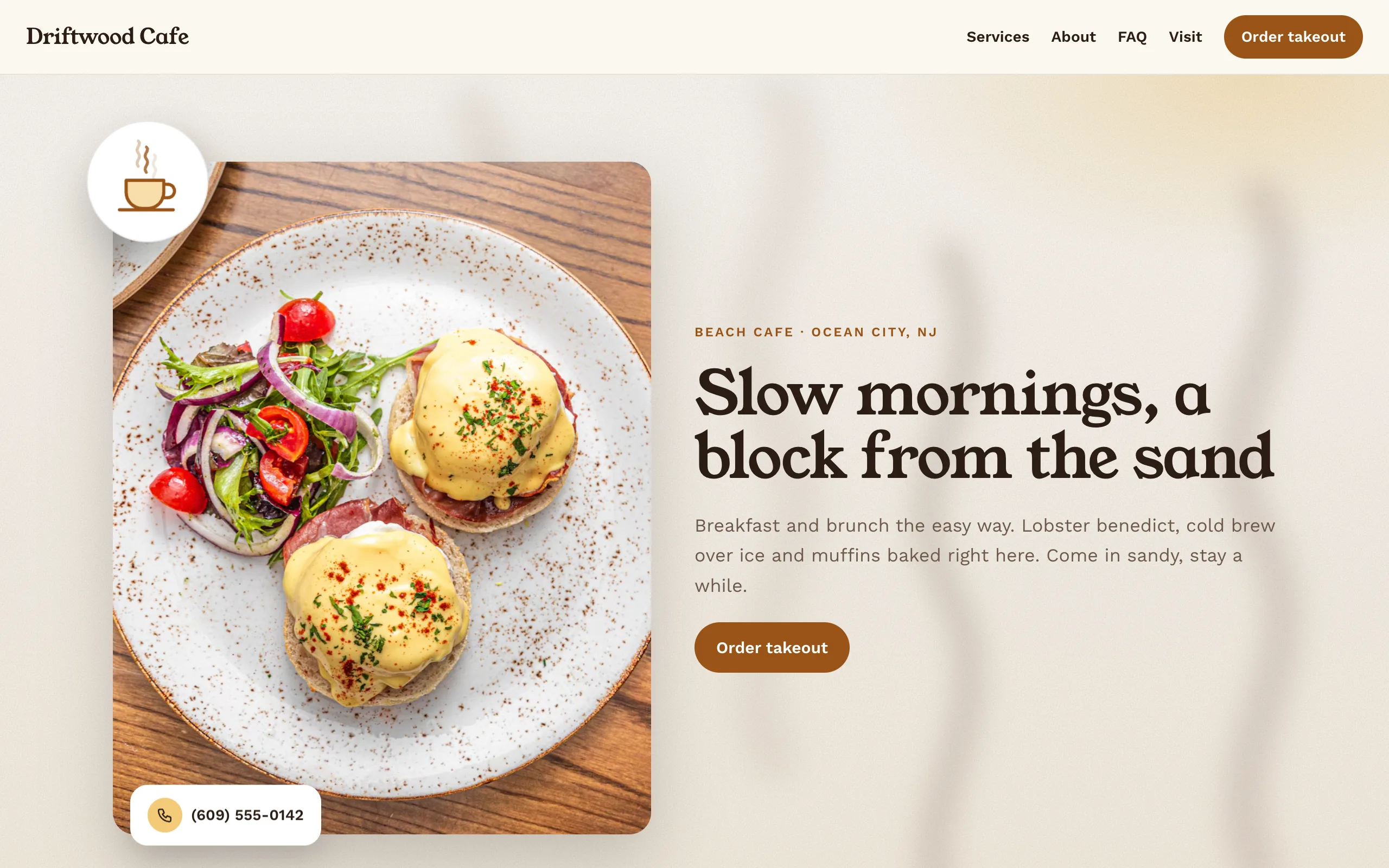 A sample website for Driftwood Cafe, built by Site Hustle