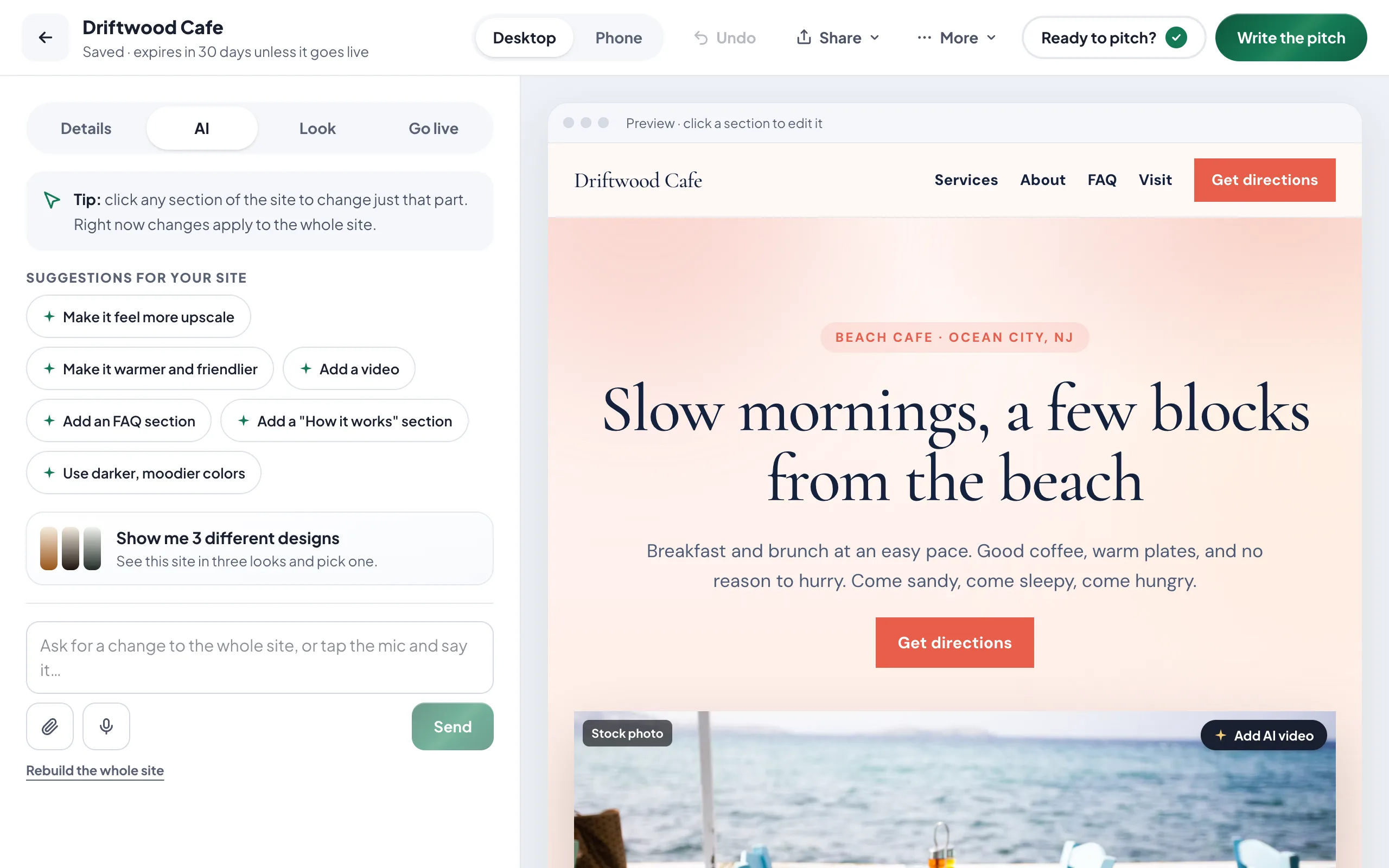 The site editor with AI suggestions beside a sample cafe website