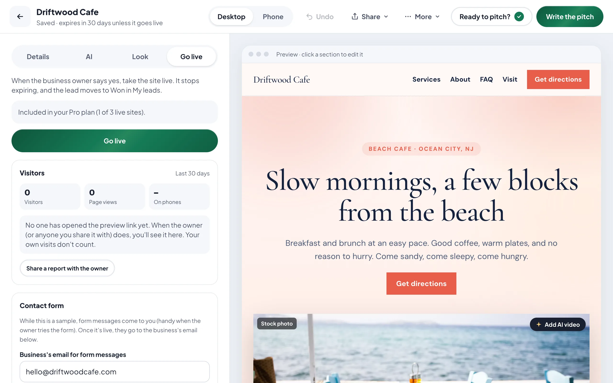 The Go live button on a sample site