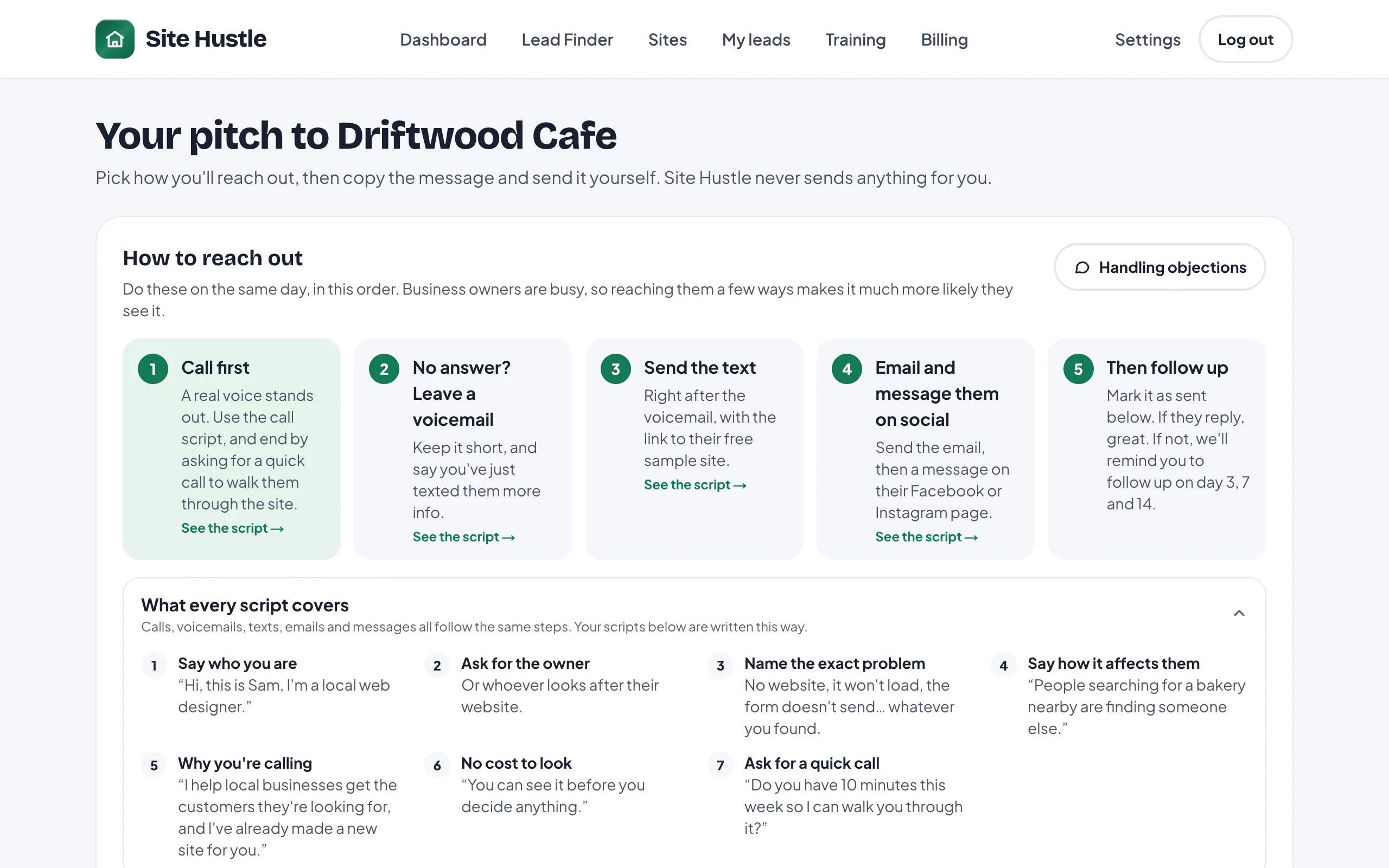 The pitch page with the five steps to reach out