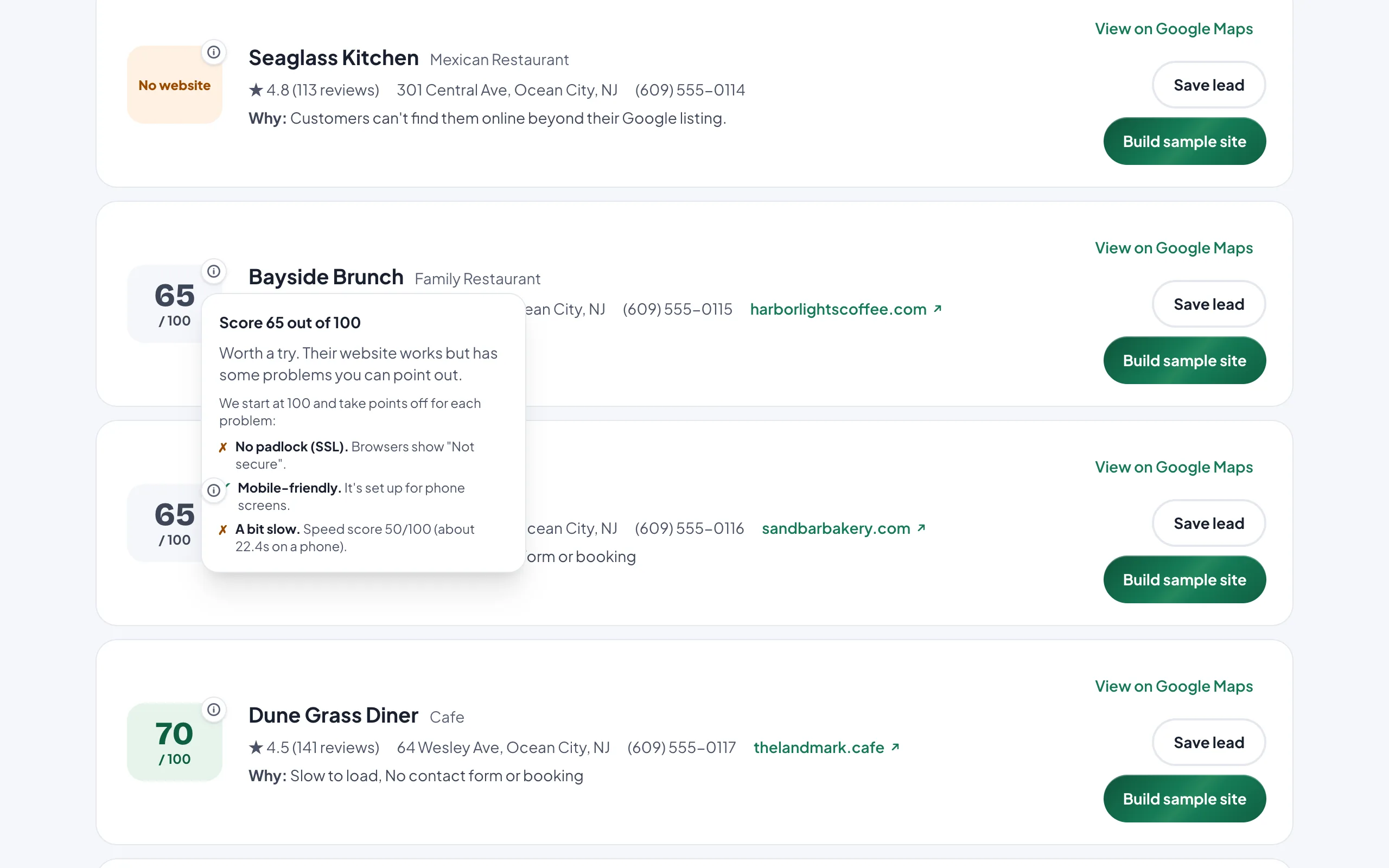 Lead Finder showing a website scored 65 out of 100, with the reasons